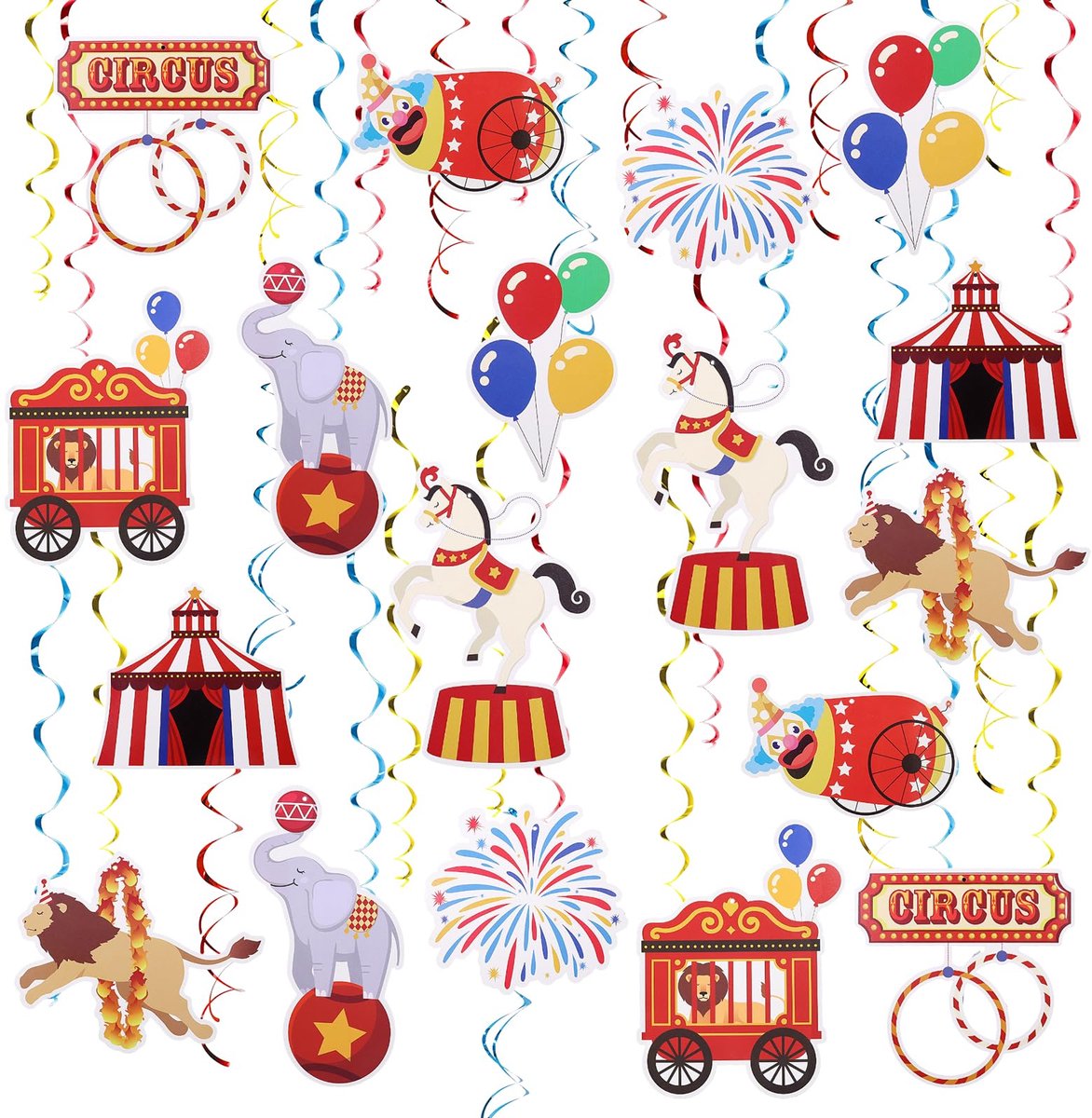 48 stuks circusslinger, carnavaldecoratie, hangende wervelslinger, circus clown, hangdecoratie, spiraal, hangslingers, feestslingers voor carnaval, verjaardag, circus, feestdecoratie