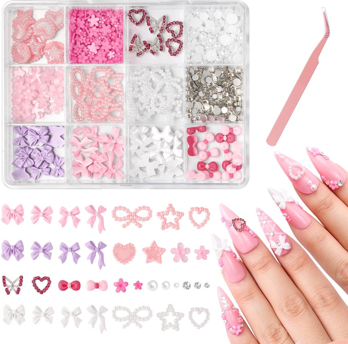 3D Nagelversiering en Edelstenen, 12 verschillende ontwerpen, kleurrijke strikken, bloemen, harten, nagelkunst nieten met pincet voor manicure ontwerp accessoires, DIY