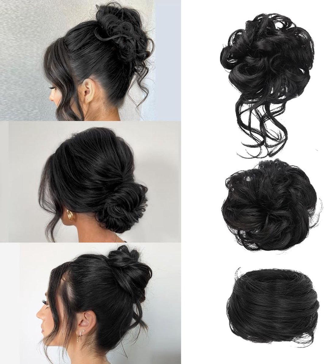 3 stuks haarstukje met elastiekje, krullend golvend synthetisch messy bun dutt haarstukjes, opgestoken kapsel, haarsieraad voor dames, haarstukjes voor dun haar (zwart)