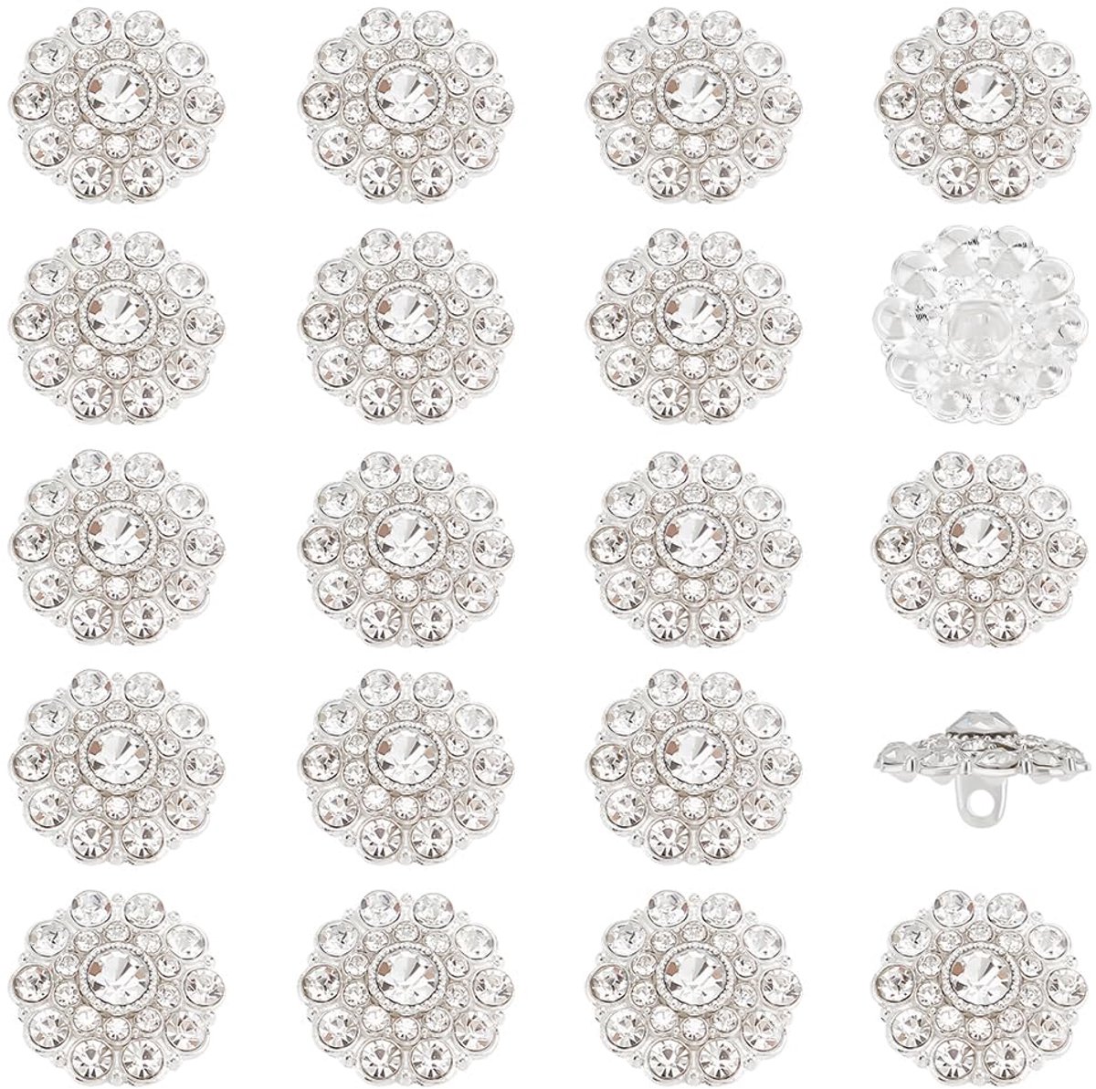 Knopen - 18 x 10 mm kristallen strass knopen met 2 mm gat zilveren legering schacht voor kledingaccessoires, bloemvormige knop voor kleding, tassen, hoeden decoratie