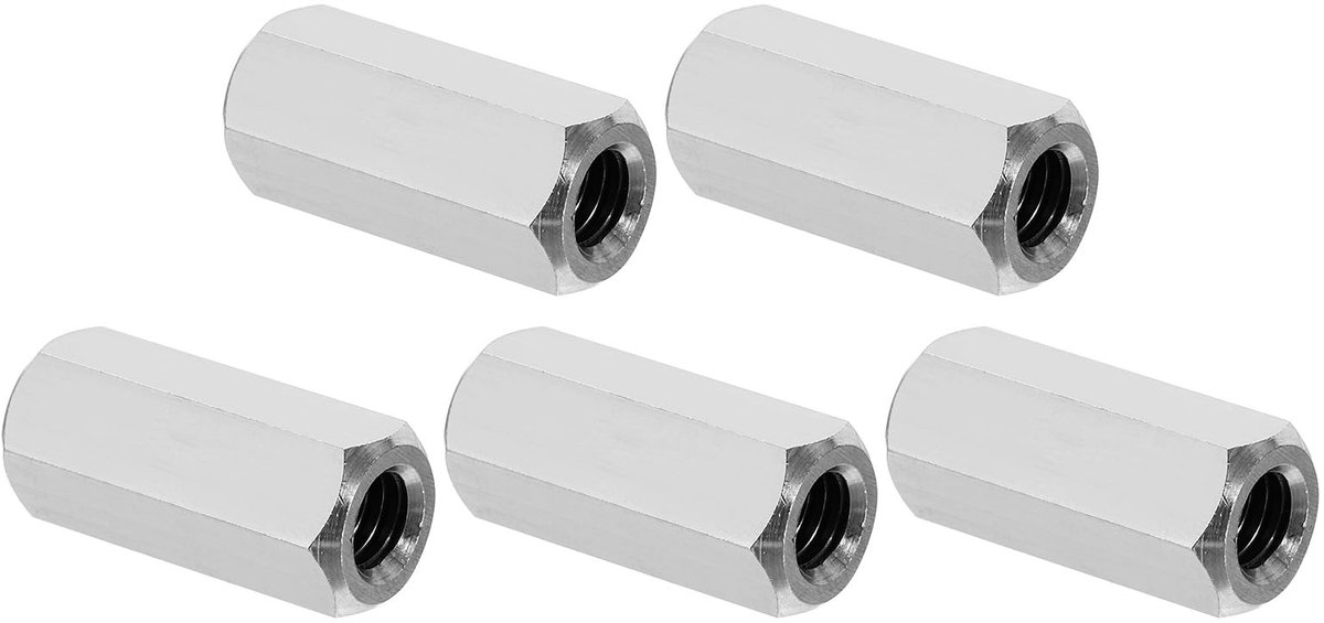 5/16"-18 UNC 304 roestvrij staal zeskant koppelingsmoeren, 5 stuks 1.18"/30mm langmoer draadhuls zeskantmoer koppelingsmoer draadhuls draadinsert, zilverkleur