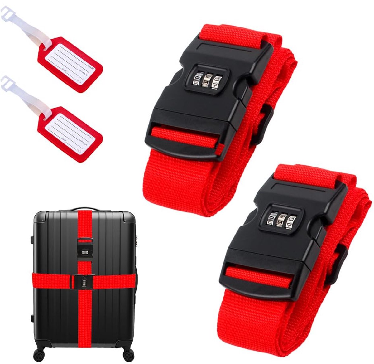 Kofferband met slot, kofferband opvallend, duurzame riem met hoge dichtheid, bagage riem ideaal over kruis, incl. 2 naamplaatjes, rood (kleur)
