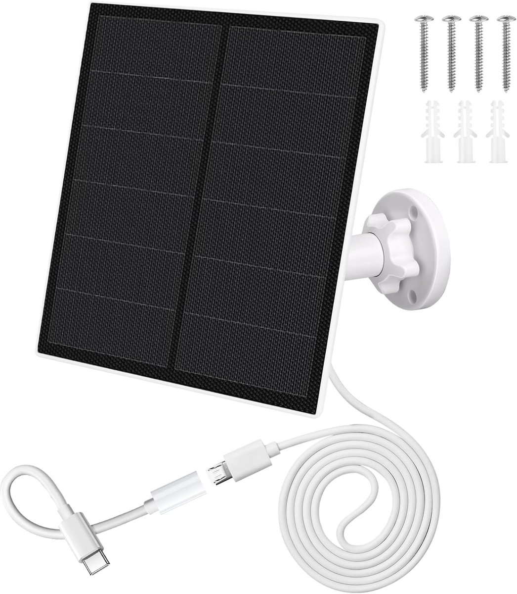 SnelShoppen - Zonnepaneel voor Bewakingscamera Buiten 5W met Micro USB & USB-C Aansluiting, 360° Verstelbare Beugel en 9,8ft Oplaadkabel, IP65 Waterdi