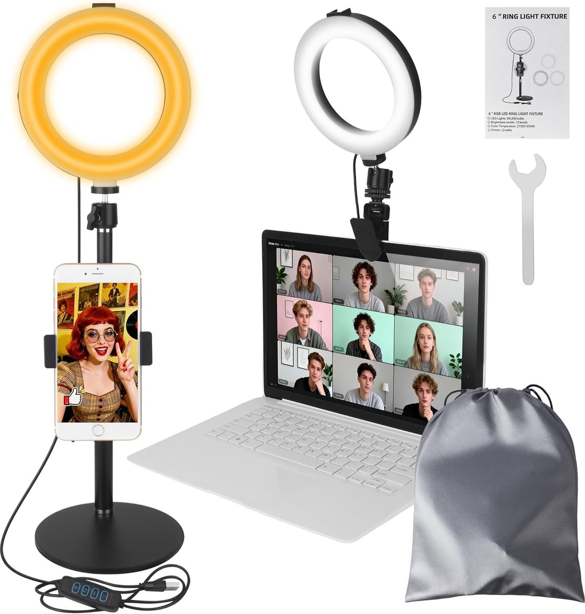 SnelShoppen - Ringlamp met Statief 6 Inch LED Ringlicht - 3 Lichtkleuren, 10 Lichtsterktes - Perfect voor Selfies, Videoconferenties, Mobiele Telefoon