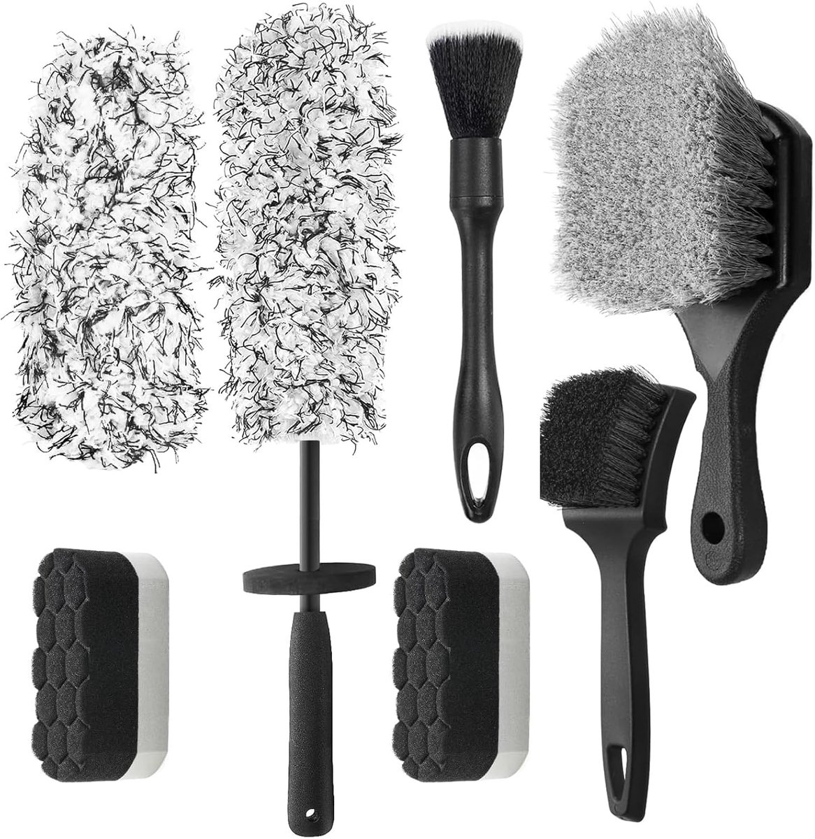 7-delig, complete set voor auto-onderhoud, microvezel velgenborstel, velgen- en bandenborstel, dubbele detailing-kwast, polijstsponzen voor autowassen en onderhoud