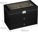 Zwarte brillenkoker met glazen deksel, lades en afmetingen: 22,5 cm hoog, 33,5 cm breed, 19 cm diep.