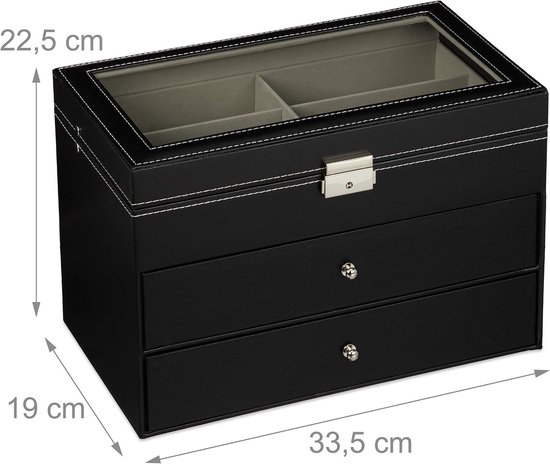 Zwarte brillenkoker met glazen deksel, lades en afmetingen: 22,5 cm hoog, 33,5 cm breed, 19 cm diep.