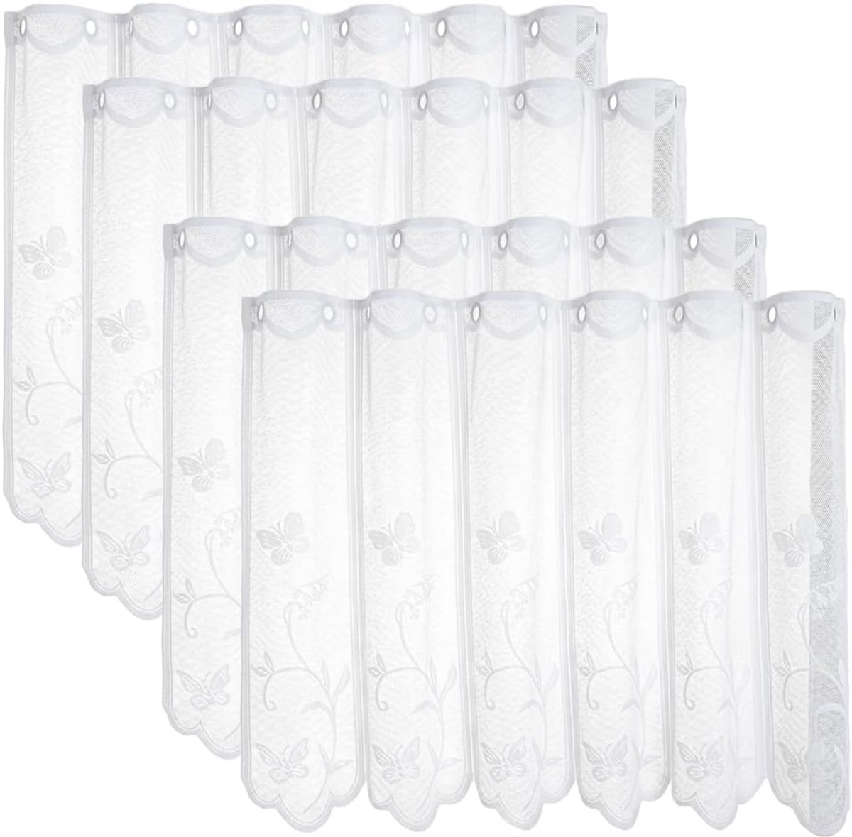 4 Stuks Semi-Transparante Gordijnen, 130 X 45 cm Korte Gordijnen, Witte | Chiffon Koffiebar Keukengordijnen, Vlinderbloemenpatroon Kort Gordijn voor Keuken, Woonkamer Slaapkamer Binnengordijnen