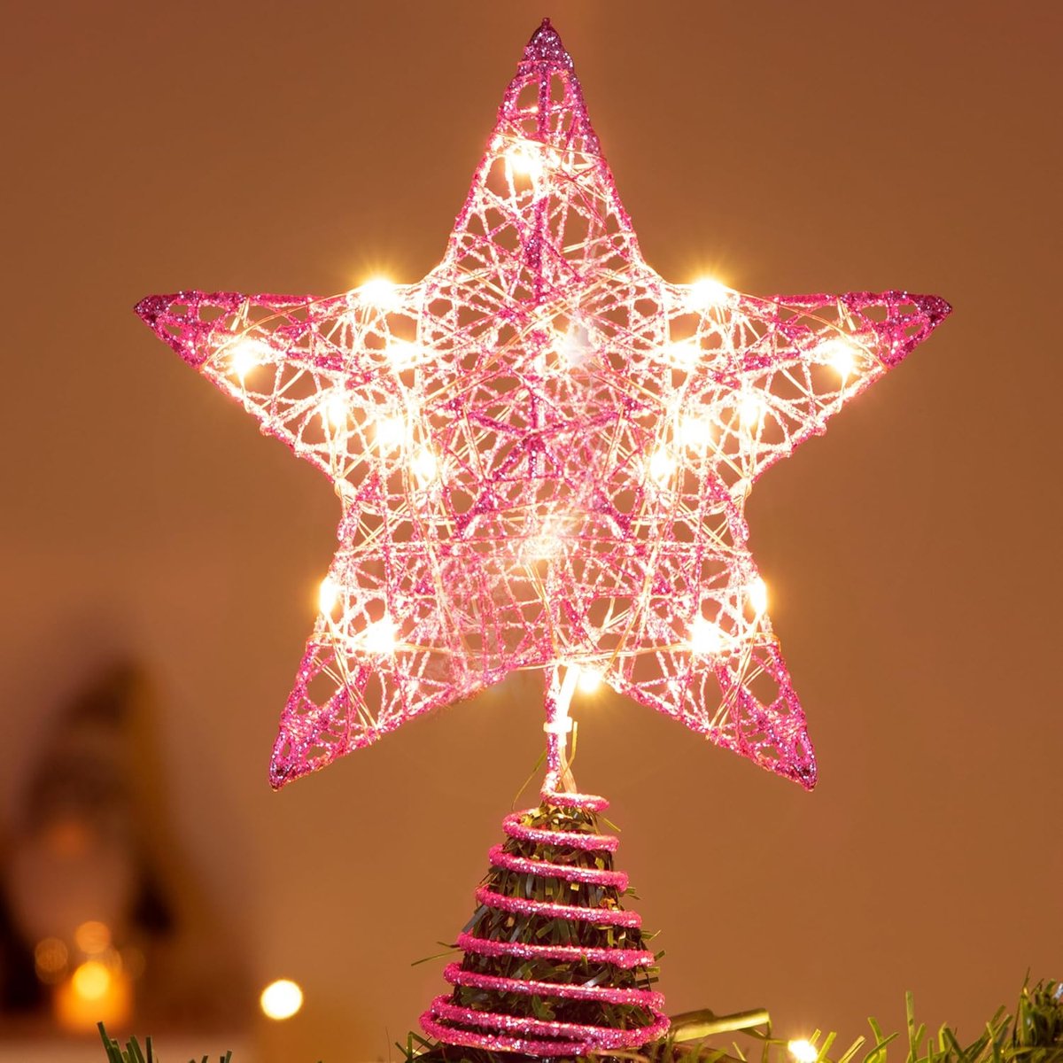 Kerst Roze Ster Boom Topper, Batterij Aangedreven Glitter Indoor Decor met 20 LED Warm Wit Verlichting voor Xmas Vakantie Party Decoraties