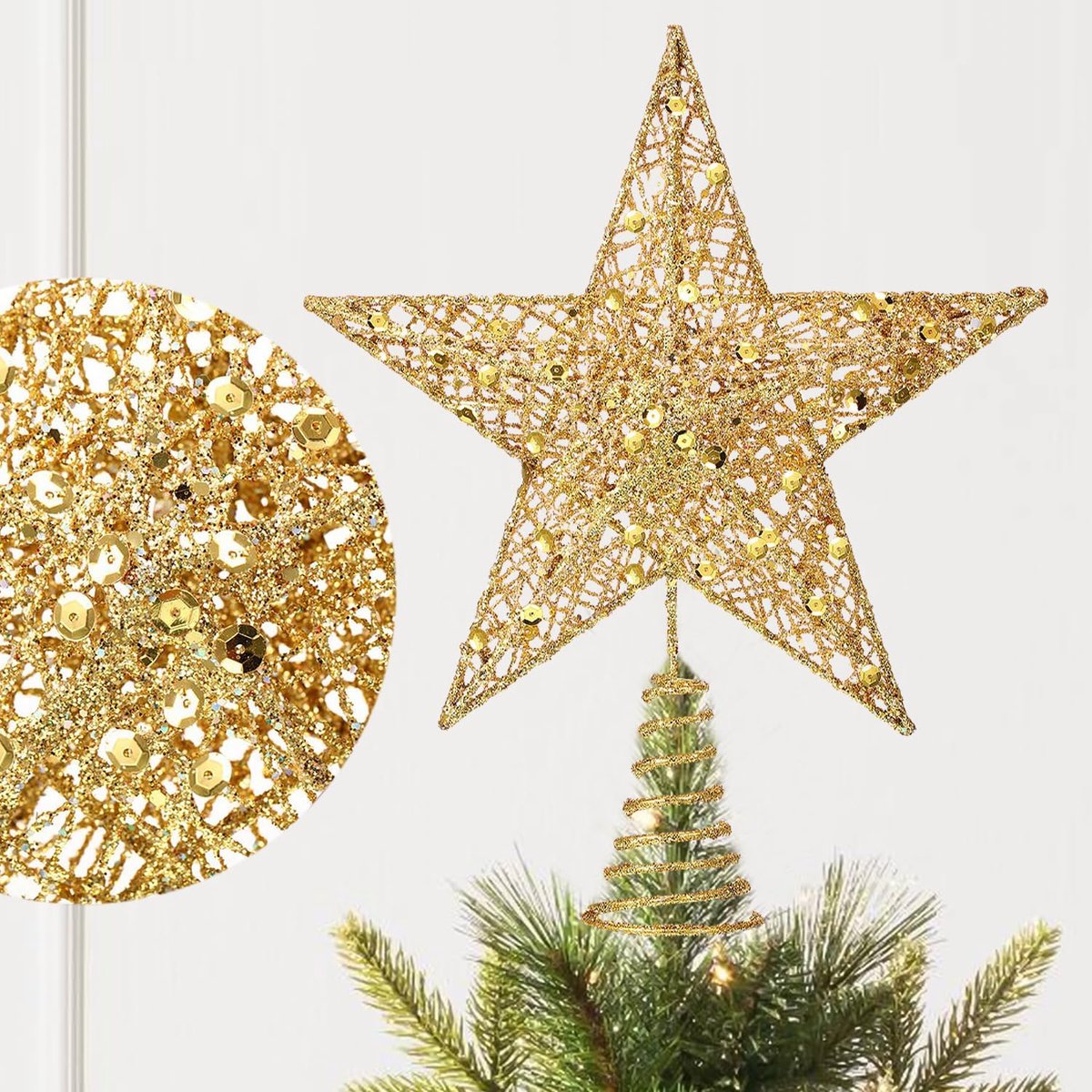 goud, 25 x 20 x 5 cm, metalen kerstboompiek, glinsterende kerstboompiek, ster, perfect als kerstboomversiering, Nieuwjaar, decoratie