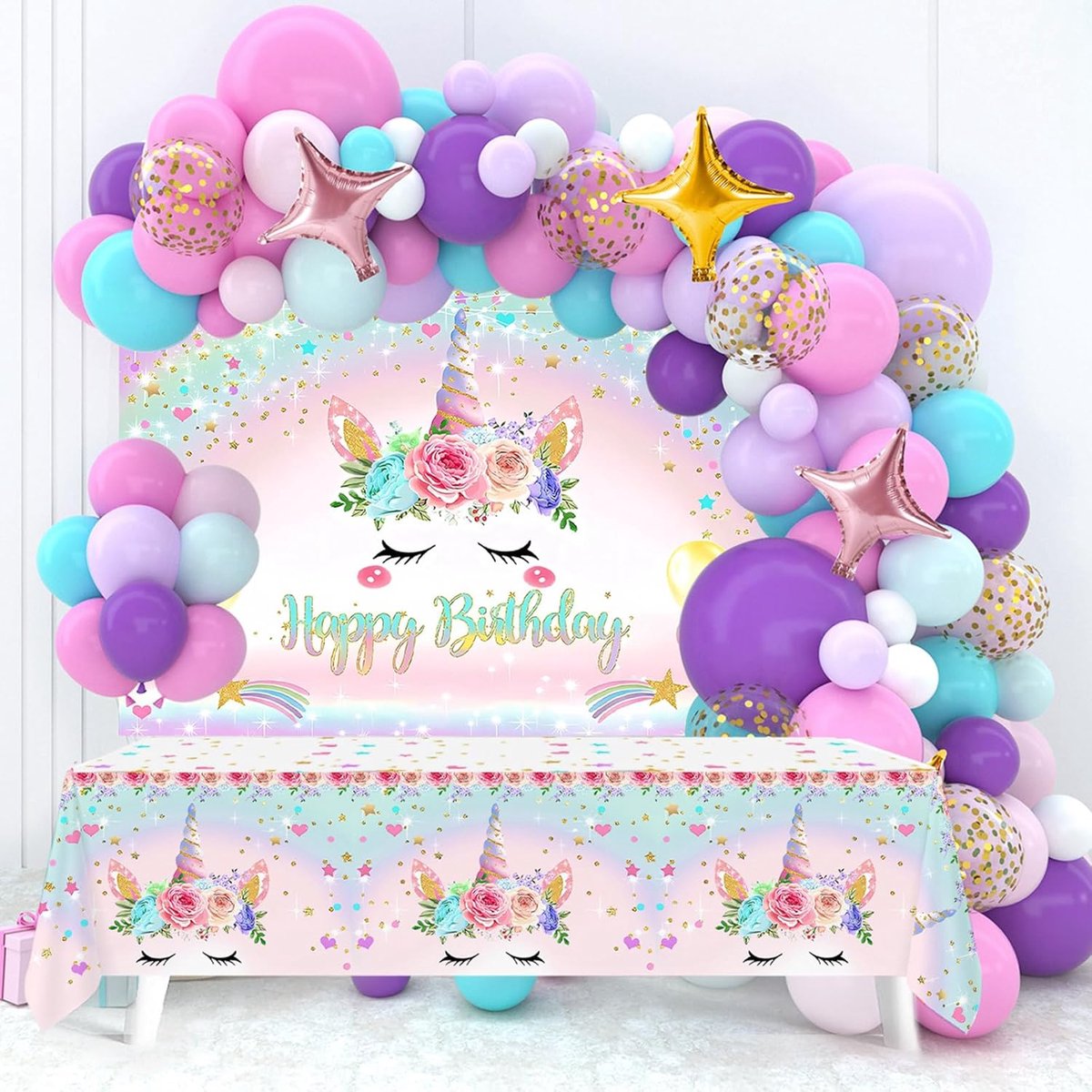 Verjaardag Decoraties - 118st Eenhoorn Feest Decoraties met Eenhoorn Ballonnen Regenboog Ballonnen Eenhoorn Tafelkleed, Pastel Macaron Ballonboog voor Verjaardag Decoratie Voor Meisjes