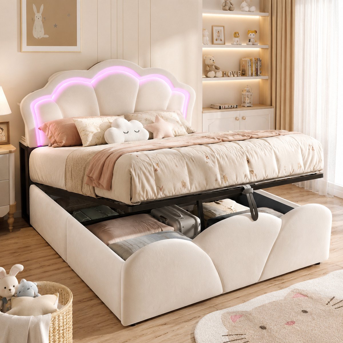 Tweepersoonsbed 140x200 cm - Gestoffeerd bed 140x200 cm - Opbergbed - Met LED-verlichting - Met stopcontact - Hoofdbord met opbergruimte - Beige