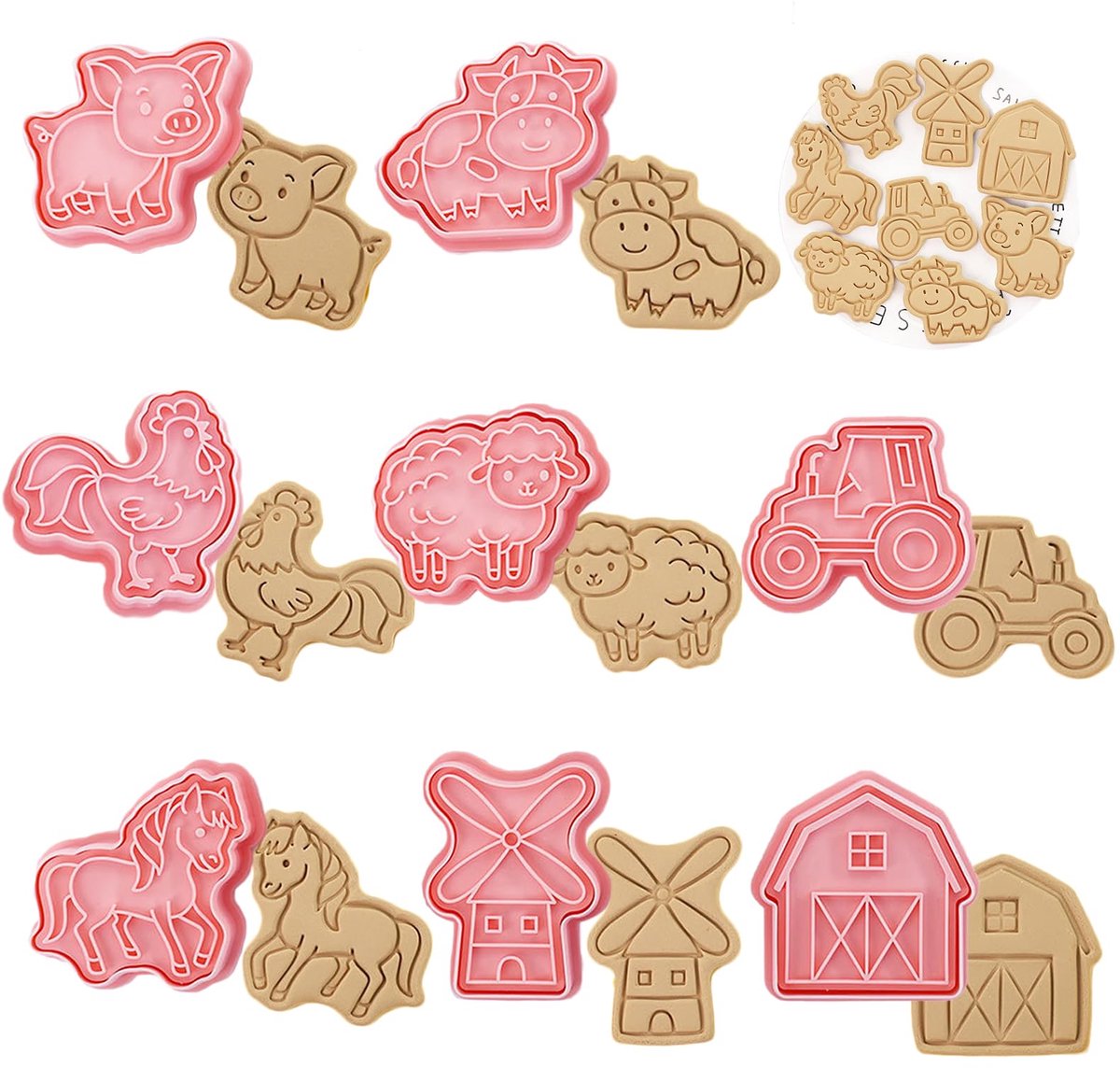 Vorm van Boerderij Thema 3D Uitsteekvormpjes van Plastic voor Fondant, taarten, koekjes, bakken, keuken accessoires, DIY Feestelijke Decoratie 8 Stuks
