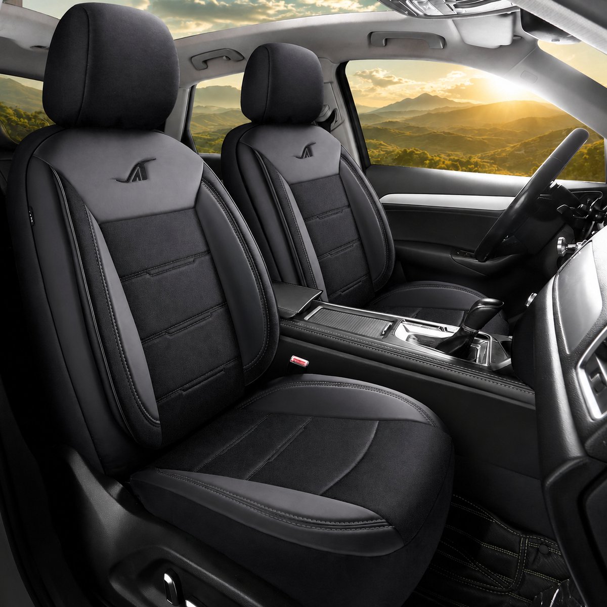 Autostoelhoezen voor BMW X1 E84 in pasvorm| Set van 2 stuks | Bestuurder + Passagiersstoel AIE Serie | AIE404 | Zwart met zwarte stiknaden