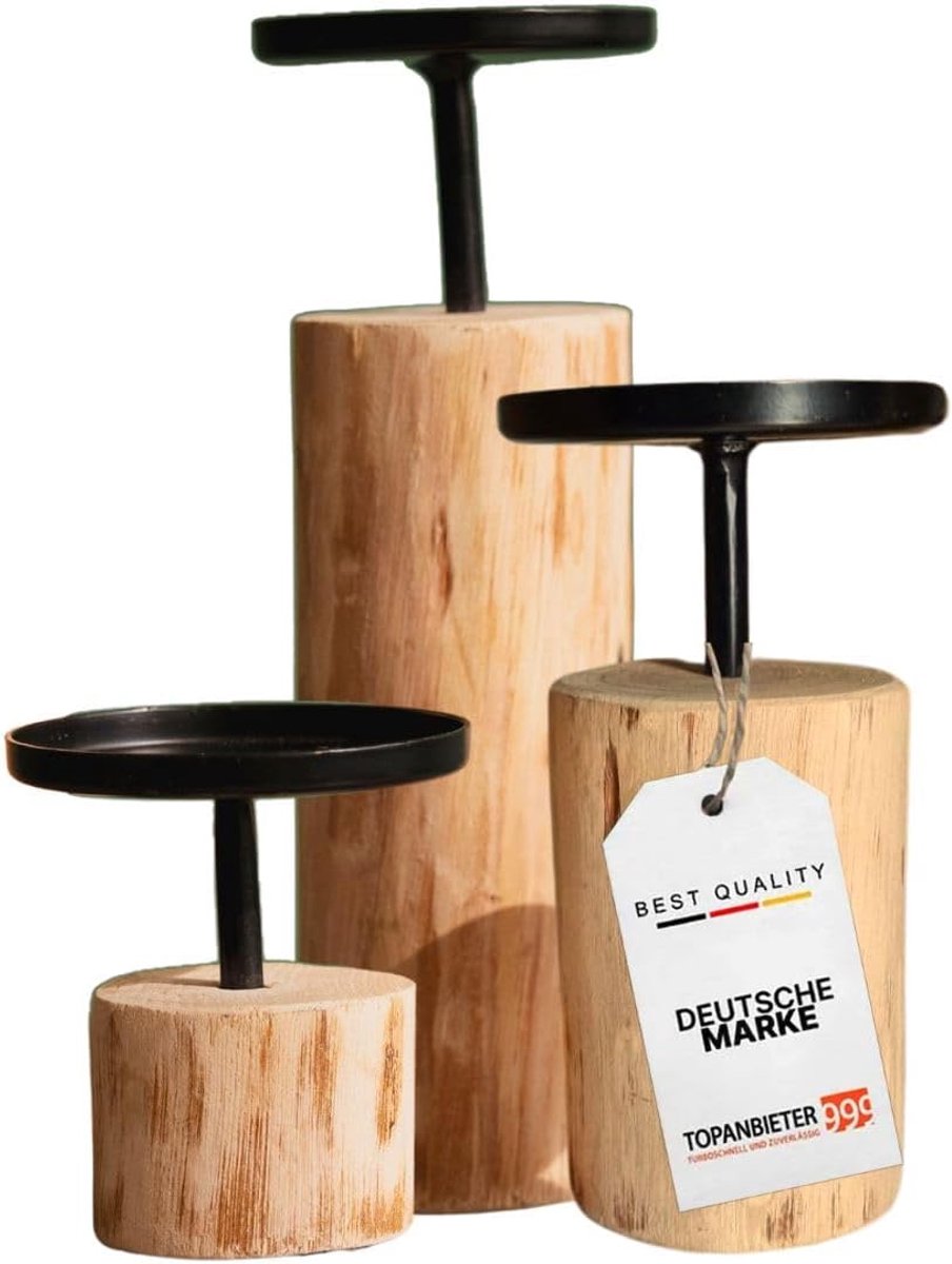 SnelShoppen - Kandelaar 3-delige set, stijlvolle ronde kandelaars van eucalyptushout en metaal, hoogte 8-22 cm, zwart en natuur, perfect voor stompkaa