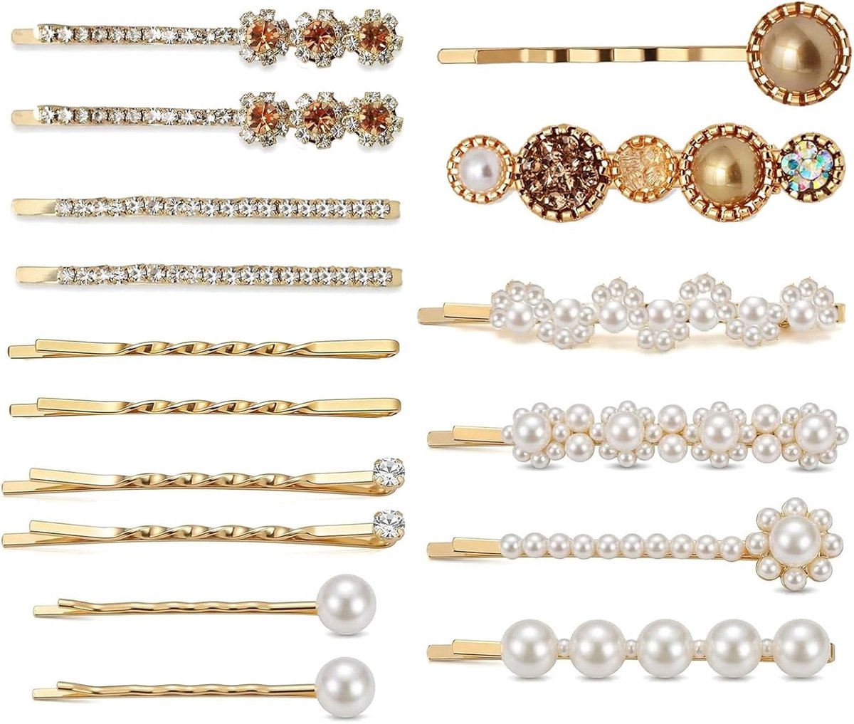SnelShoppen - 16 stuks gouden haarspelden met parels en strass, elegante bobby pinnen voor dames, U-vormige haarclips voor dagelijkse kapsels en feest
