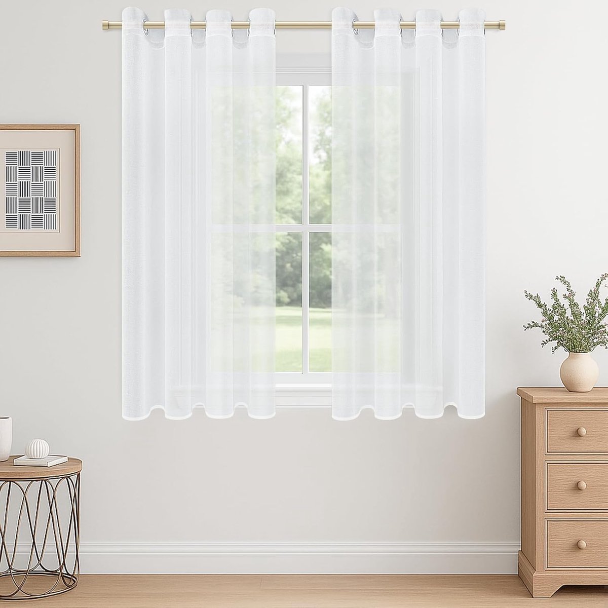 Gordijn, vitrage, met ogen, voile, mousseline, semi-transparant, raamdecoratie voor woonkamer, slaapkamer, keuken, 140 x 137 cm, wit