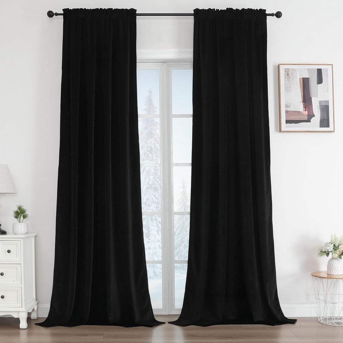 Fluwelen gordijnen, met plooiband, set van 2, B 140 x H 240 cm, zwart, thermogordijn, koudebescherming, elegante verduisteringsgordijnen, geluidsisolatie, ondoorzichtig, fluweel, woonkamer