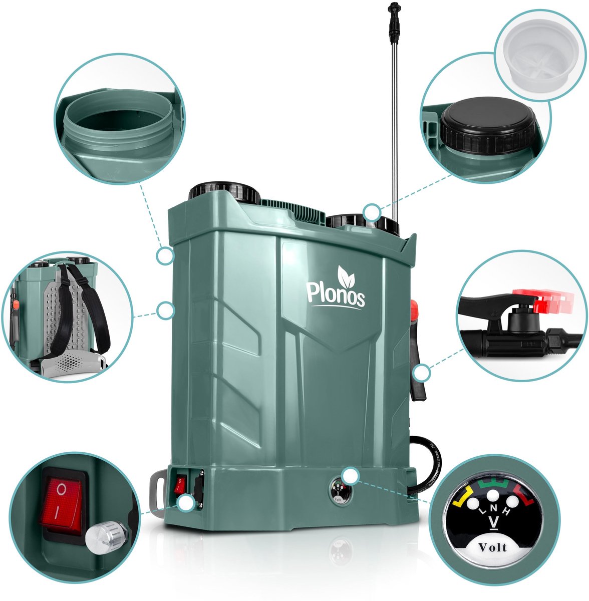 SnelShoppen - Plonos Drukspuit Rugspuit 16L Accu 8Ah 12V 4 Sproeiers Lans Grijs Tuin Spuitapparaat voor Tuinieren en Besproeien