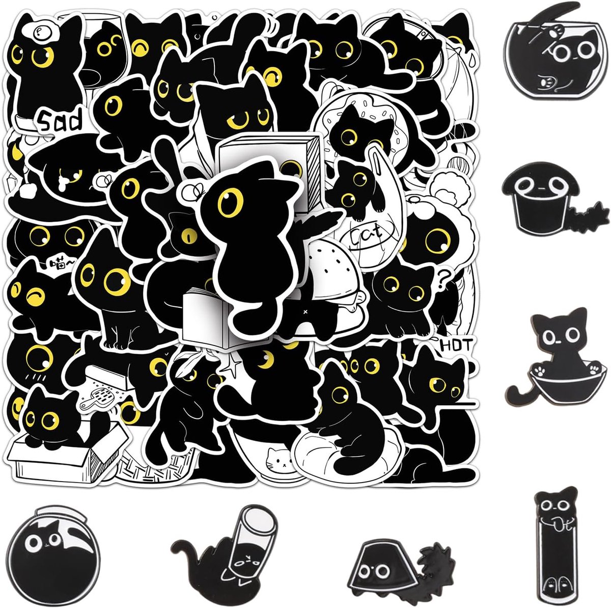 Broches En 50 Stickers, Leuke Olie Druipende Kat Badges, Jas Sjaal Decoratie Pinnen, Hand Account Collage Materiaal Stickers.