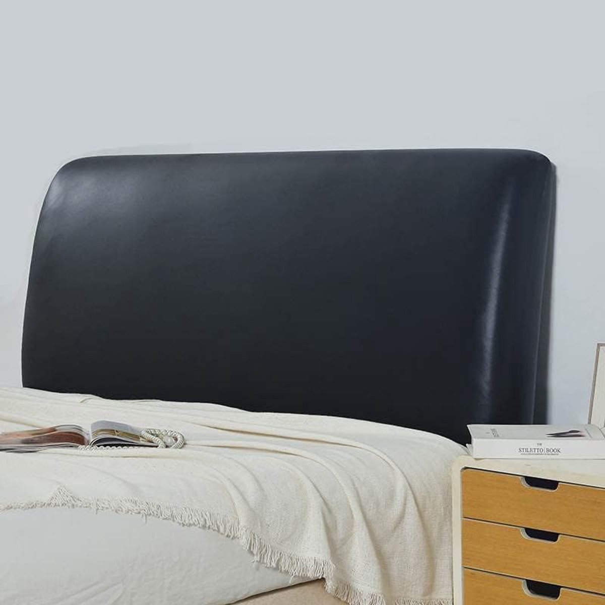 Hoes voor hoofdeinde kingsize, waterdicht PU-leer, all-inclusive, elastisch, bescherming (zwart, 180 cm, 170-190 cm)
