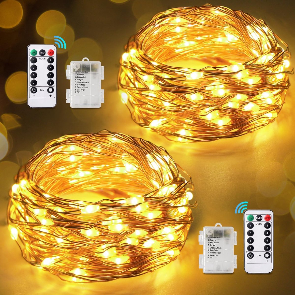 Lights Batterij, [2*12M] 120 LED Fairy Lights Binnen met afstandsbediening en timer, 8 verlichtingsmodi, IP65 Waterdichte kerstverlichting voor Kerstmis, Feest, Kamer, Tuin, Bruiloft, Verjaardag