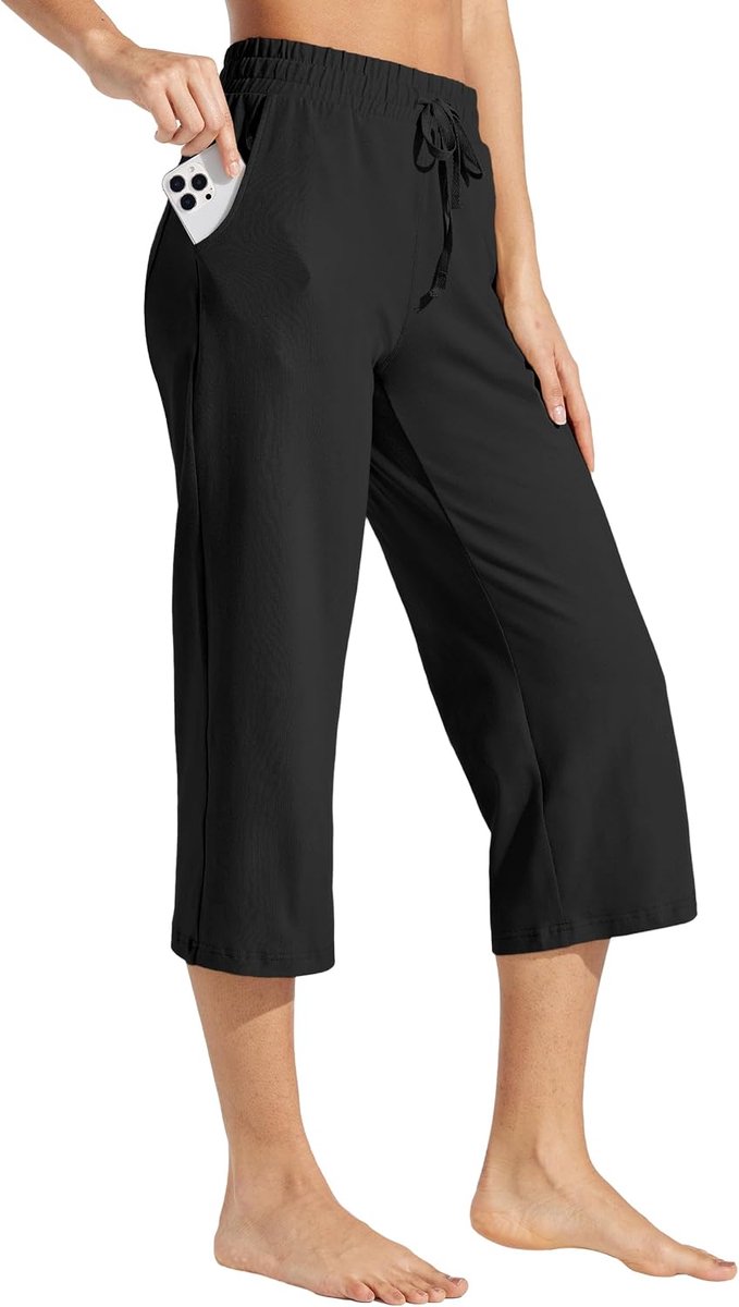 Capribroek voor dames, katoen, yoga, capri, casual loungebroek, brede pijpen, workout, joggingbroek met zakken, 50 cm