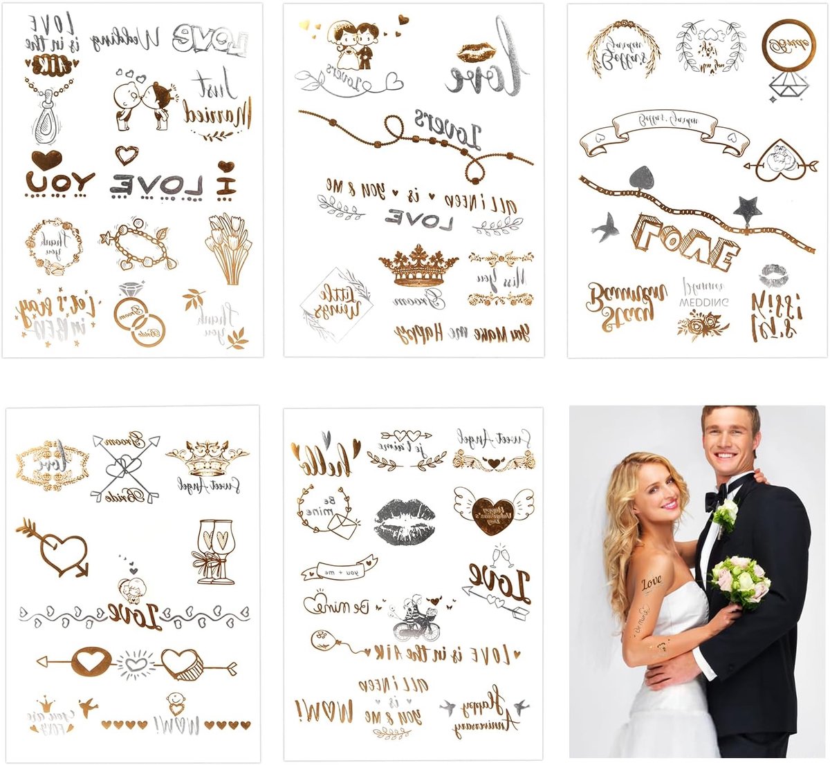 Tijdelijke tatoeages voor bruiloften, festival tatoeages, gouden tatoeages, flash tatoeages, waterdichte tijdelijke tatoeages, tijdelijke zelfklevende tatoeages Bride Team Bruid bruiloft tatoeage voor