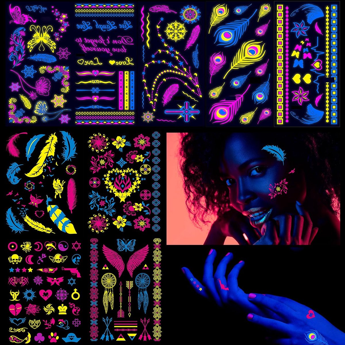Tijdelijke tatoeages, grote vellen goud metallic festival accessoires | muziek festival accessoires | festival glitter gezicht | henna tattoo | flash tatoeages opplakken dames (9pcs | Neon)