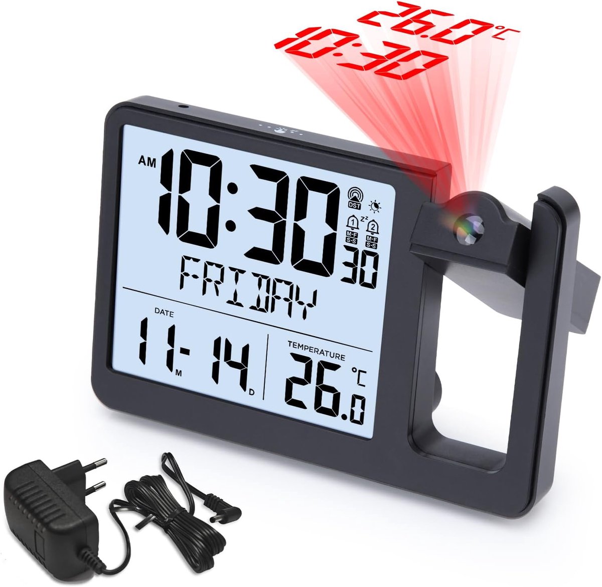 Radiogestuurde wekker met projectie met stekker, 2 wektijden, lichtsensor, projectiewekker met temperatuurweergave, snooze, datum, weekweergave
