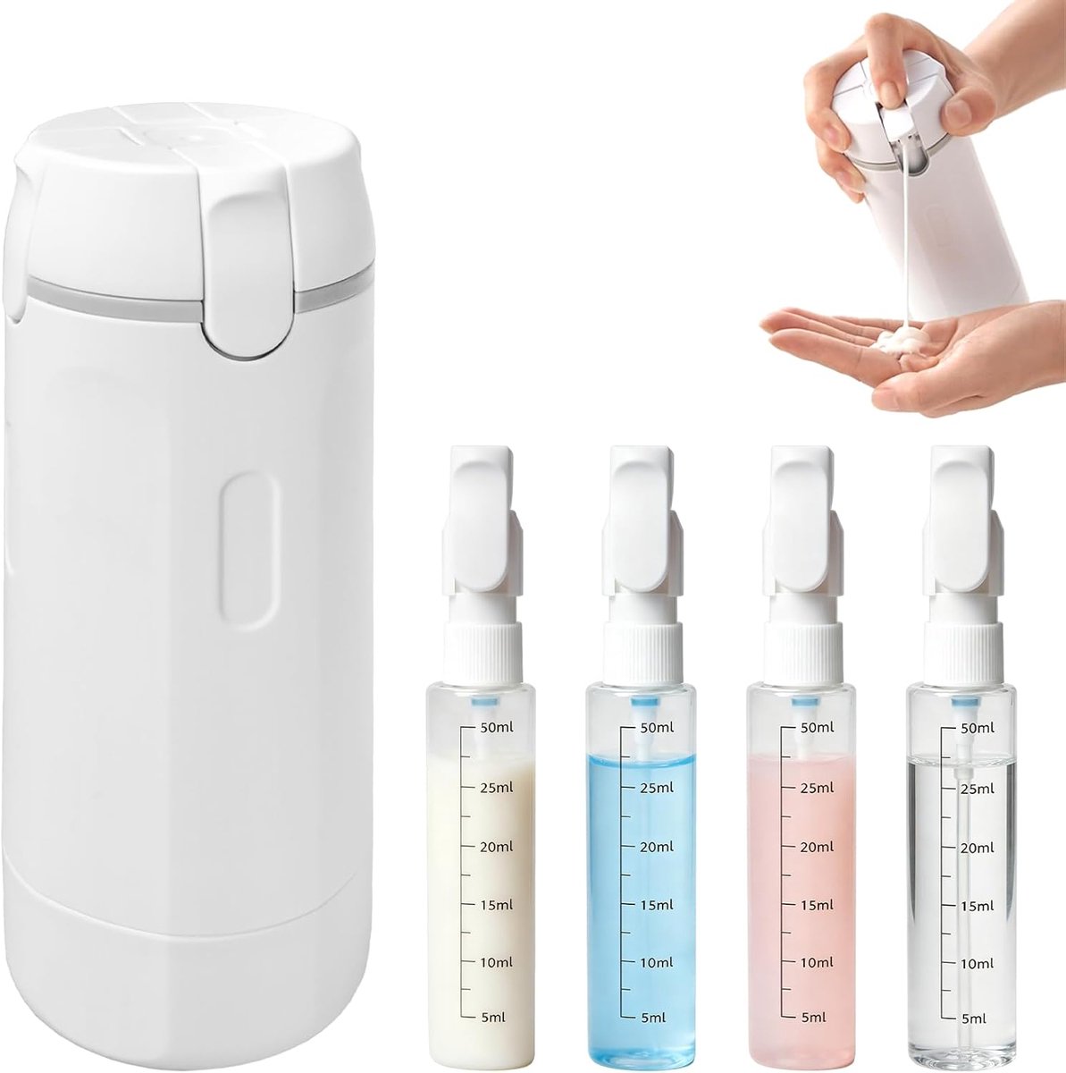 4-in-1 reisflessen om te vullen, 4-in-1 reisdispenser met etiket, reisflessen voor toiletartikelen, mini-shampoo-dispenser met schaal, reisbenodigdheden voor shampoo, lotion, conditioner