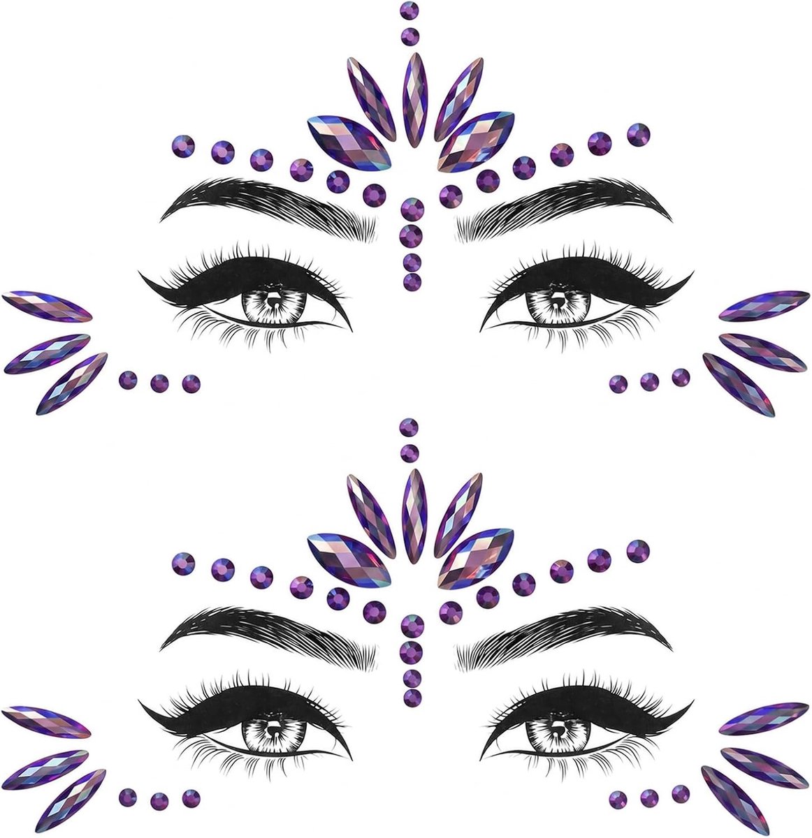 2 stuks zeemeermin edelstenen gezichtssticker, strass glitterstenen gezicht, edelstenen tijdelijke tatoeages, zelfklevende juwelen kristallen, strass voor carnaval zomer party make-up festival (paars)