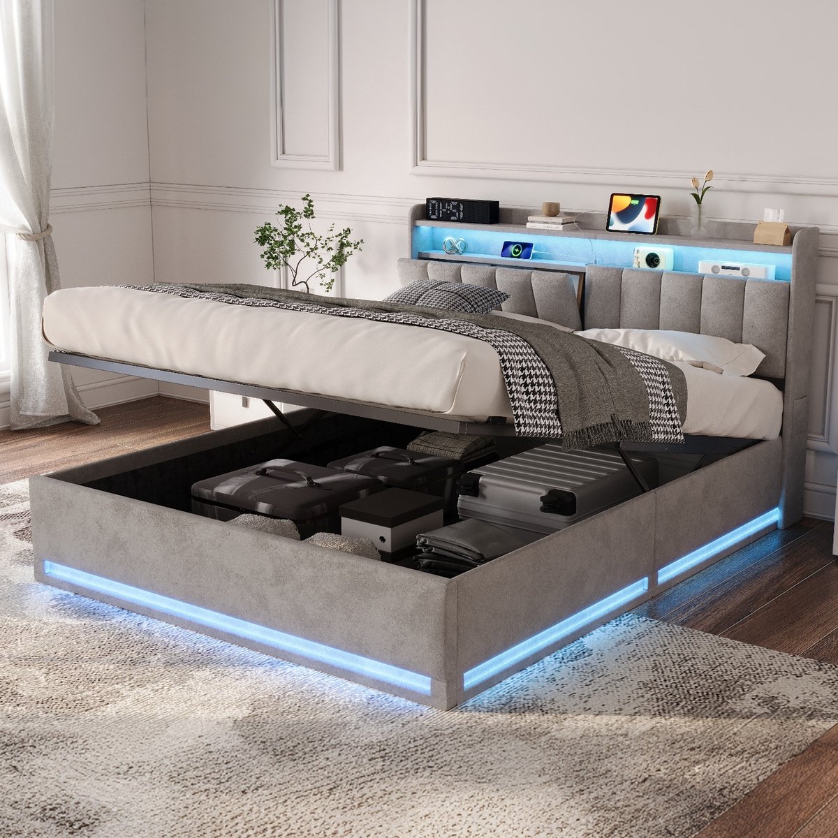 Opbergbed 140x190 cm met LED-verlichting en USB-aansluiting, Gestoffeerd bed met opbergruimte en hoofdbord, Tweepersoonsbed met lattenbodem, bedframe 140x190, fluweel, Grijs