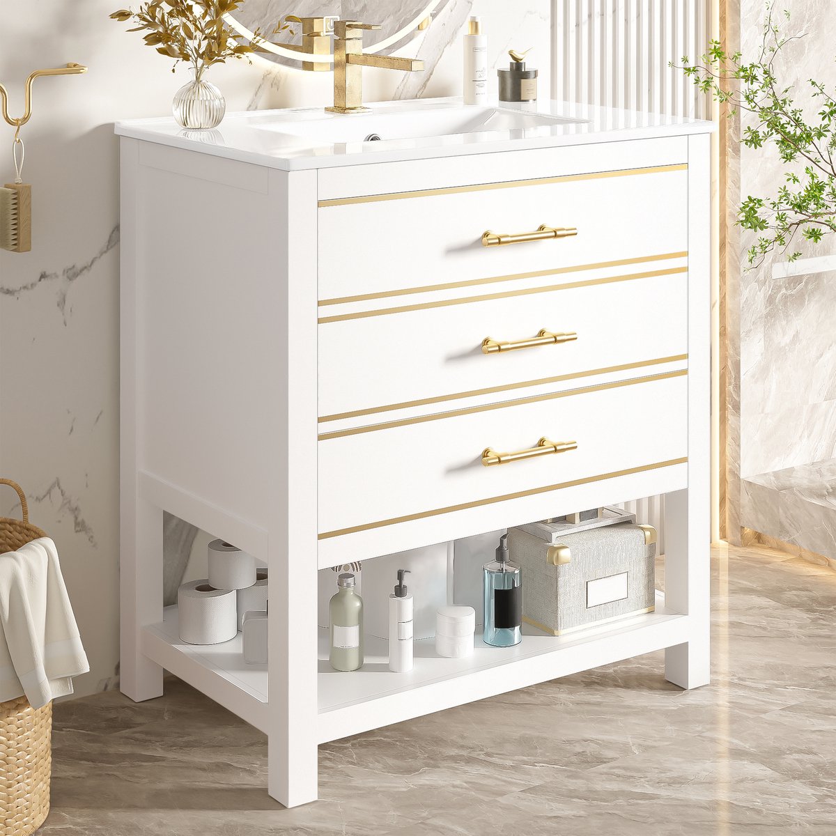 COVREO Badkamermeubel met wastafel 76 cm wit goud, MDF, 2 lades en open vak