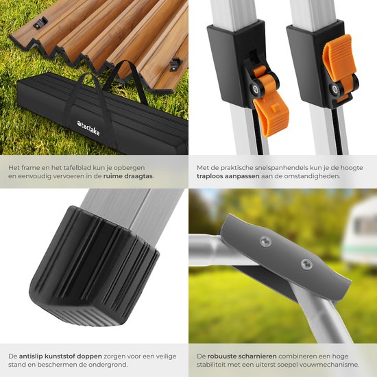 tectake® Campingtafel - 90 x 52 x 47 - 70 cm - Klaptafel van Aluminium - Oprolbaar Tafelblad - Vouwtafel - Reistafel - Tuintafel - Weerbestendig - In hoogte verstelbaar - Draagtas - Inklapbaar - Houtlook van Merkloos — afbeelding 4