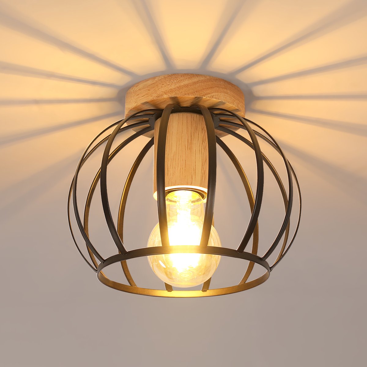 Riserva Industriële Plafondlamp - Zwart met Hout - E27 Fitting - Metalen Plafondlamp Vintage - Rond - Zonder Lichtbron - voor Woonkamer, Keuken en Slaapkamer