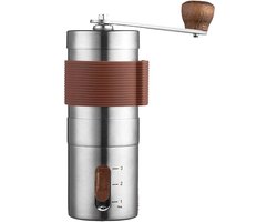 Handmatige koffiemolen - Draagbare koffiemolen met handslinger - Koffiemolen voor thuisgebruik - Geschikt voor thuis, op kantoor of op reis - 13 cm handmolen met handslinger + bruine siliconen hoes - Roestvrij staal - Bruin