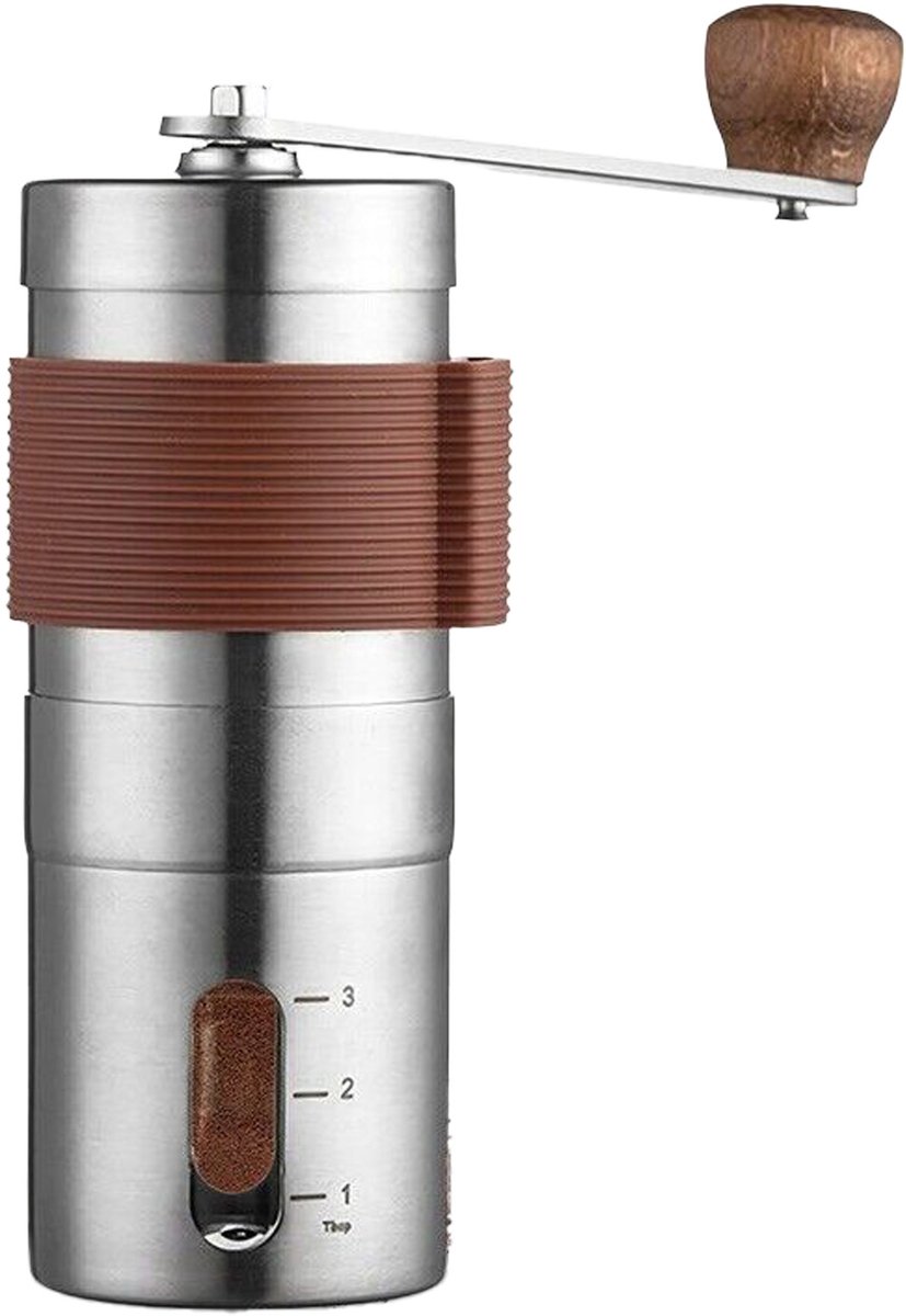 Handmatige koffiemolen - Draagbare koffiemolen met handslinger - Koffiemolen voor thuisgebruik - Geschikt voor thuis, op kantoor of op reis - 13 cm handmolen met handslinger + bruine siliconen hoes - Roestvrij staal - Bruin
