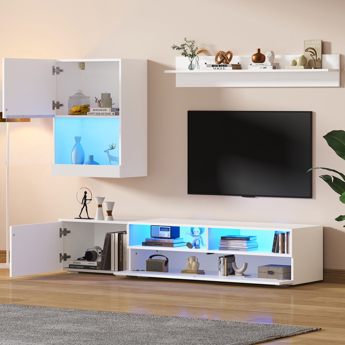 COVREO TV-meubel set 175 x 39 x 77 cm wit, van spaanplaat met LED verlichting White