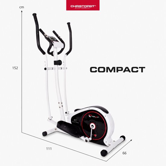 Afmetingen van een witte crosstrainer: hoogte 152 cm, lengte 111 cm, breedte 66 cm.