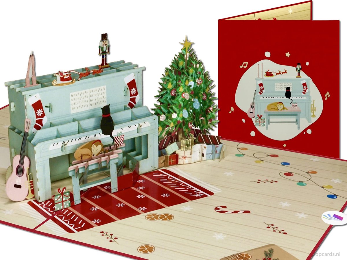 Popcards pop-up kaart - Sfeervolle Kerstkaart | Kerstliedjes op de piano met poes, hond en kerstboom  3D Kaart Pop-up kaart (Poes, kat, hond, kerstliedjes)