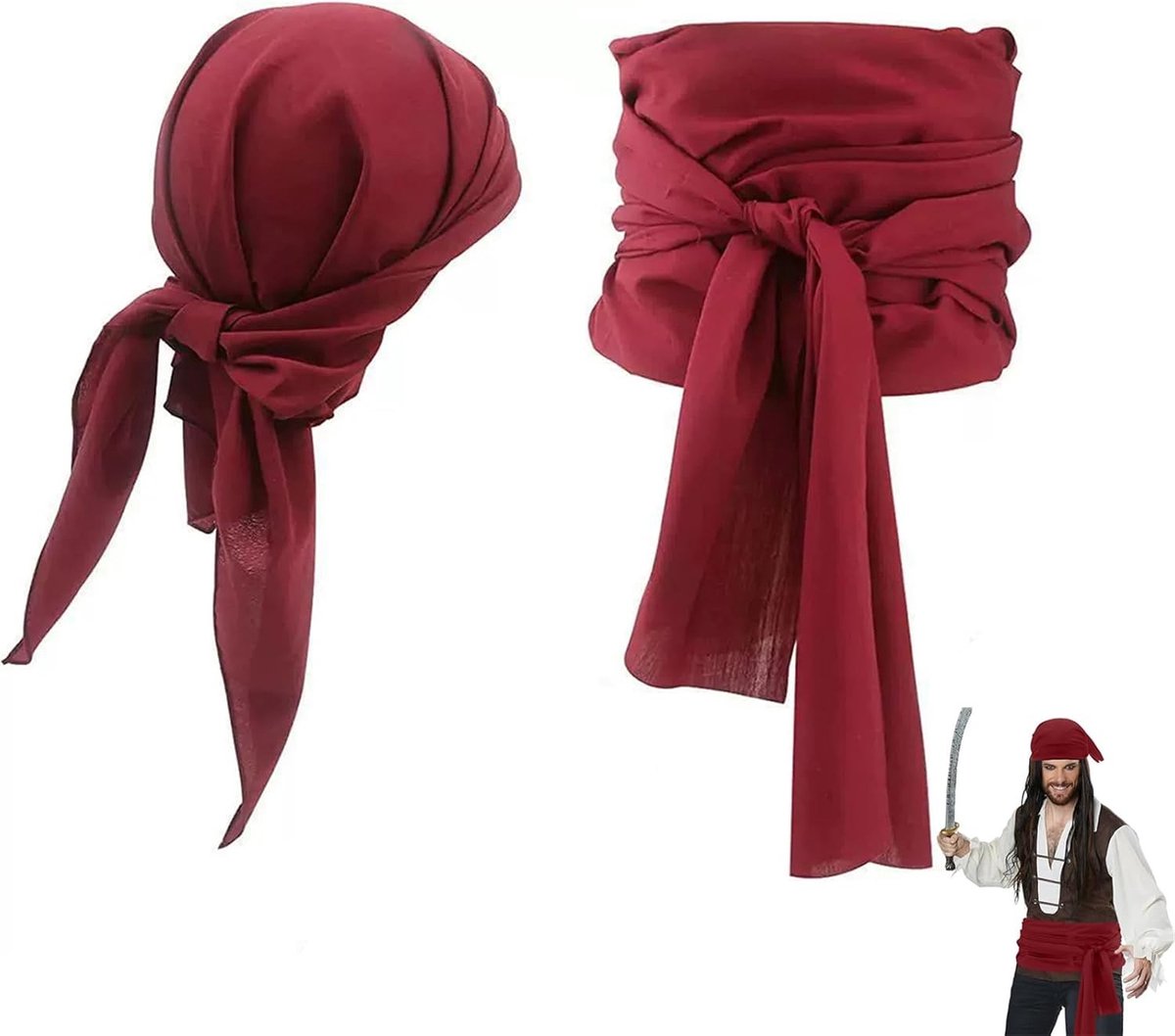Piratenkostuum Accessoireset met Sjerp en Bandana, Middeleeuwse Piratenlook voor Halloween en Carnaval, Geschikt voor Volwassenen en Kinderen, Donkerrood