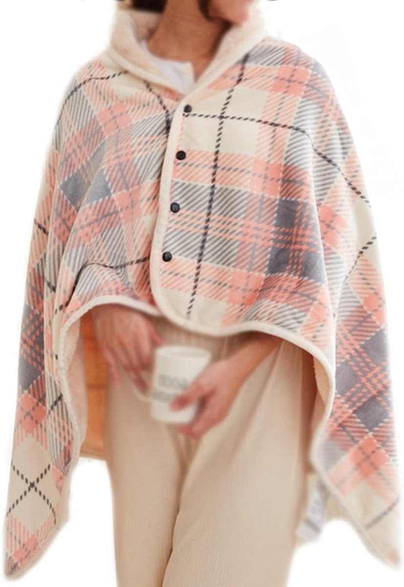 Verwarmde Deken - Zachte Cape - Thuis Ontspannen - Drukknopen Design - 140 x 80 cm - Roze