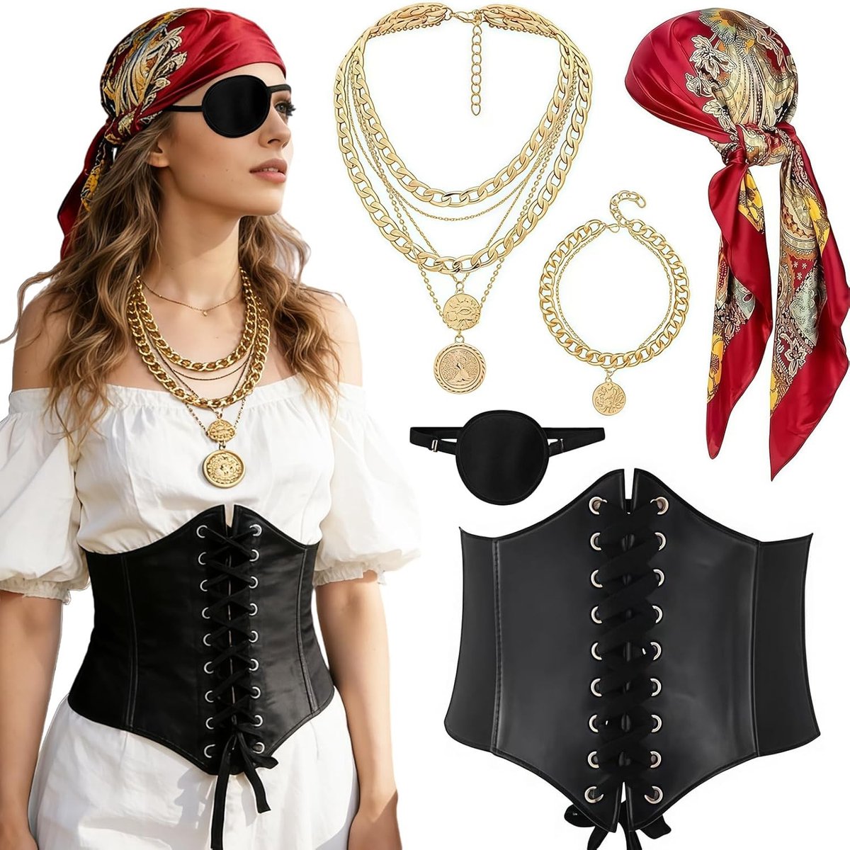 Piratenkostuum Accessoire Set voor Vrouwen - Middeleeuwse Gothic Piratenaccessoires voor Carnaval en Feestjes, Inclusief Hoed en Zwaard