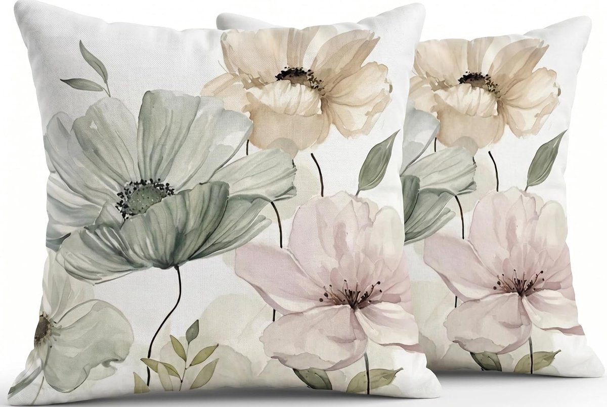 SnelShoppen - Set van 2 Kussenslopen 40 x 40 cm, Abstracte Bankkussens met Inktbloemen, Vintage Groen, Decoratieve Kussenhoezen van Polyester en Linne