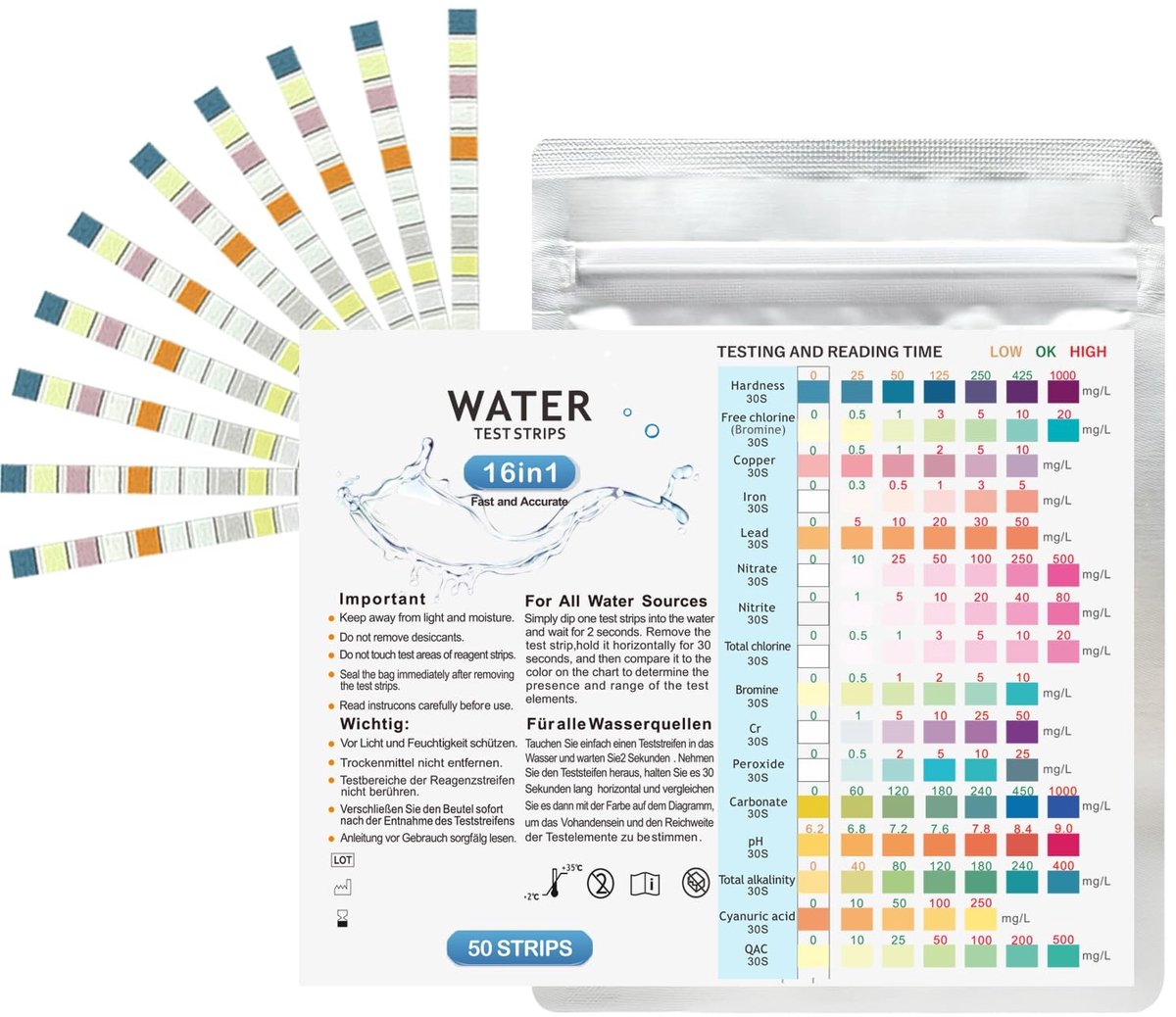 Complete Water Test Kit met 50 Teststrips - 16 in 1 voor PH, Nitraat, IJzer en Meer - Thuis Waterkwaliteit Testen