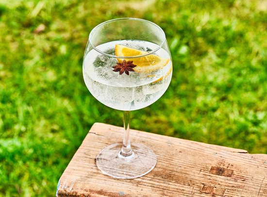 Een glas gevuld met een heldere drank, ijs, partjes sinaasappel en steranijs.