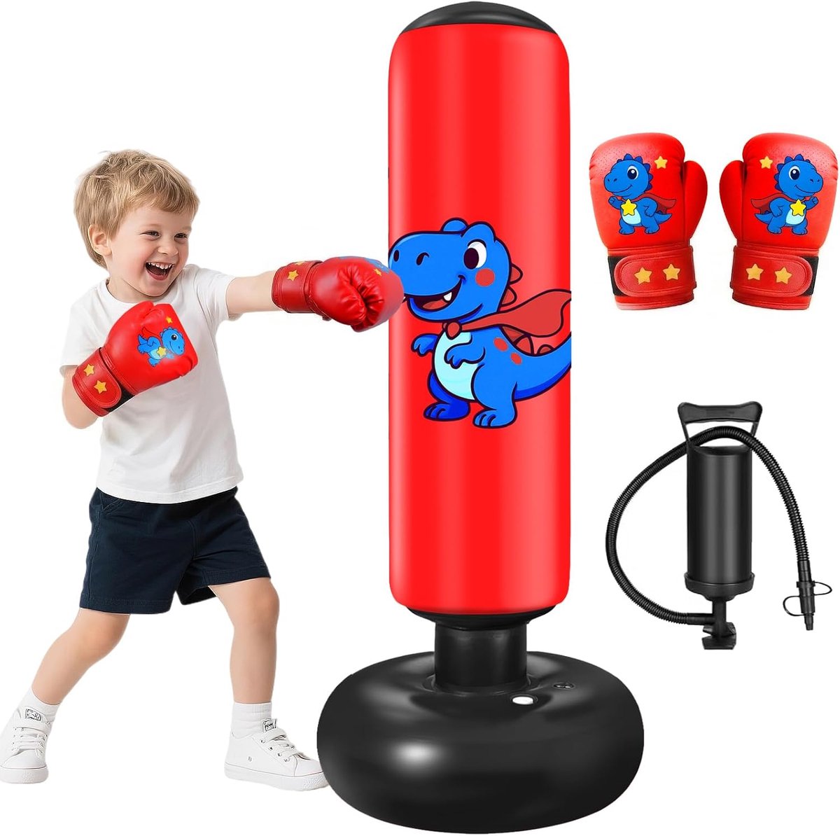 SnelShoppen - 30-filament opblaasbare bokspaal 120cm voor kinderen, blauwe dinosaurus patroon, inclusief rode bokshandschoenen en zwarte luchtpomp, id