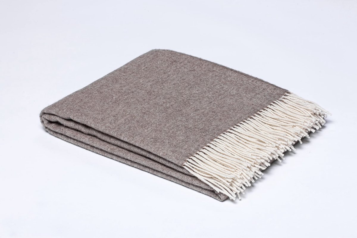 SnelShoppen - Wollen Deken van Scheerwol met Franjes, 100% Merinowol, 140 x 200 cm, Bruin/Wit, Zacht en Warm, Natuurlijke Plaid met Visgraatpatroon vo