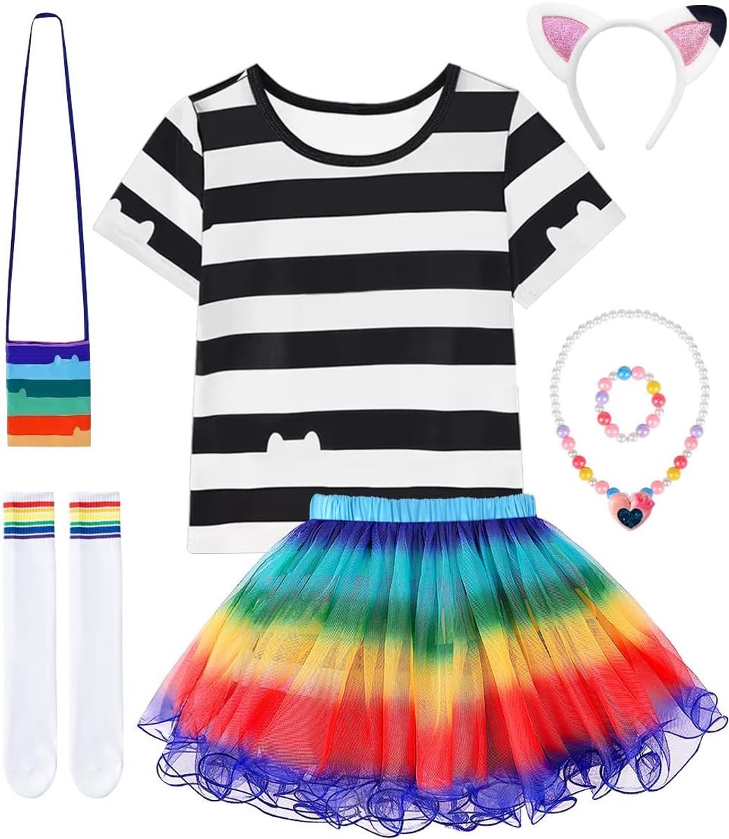 Prinsessenkostuum voor meisjes, met jurk met kattenmotief, halsketting en tas, tutu-jurk voor meisjes, verjaardag, carnaval, cosplay